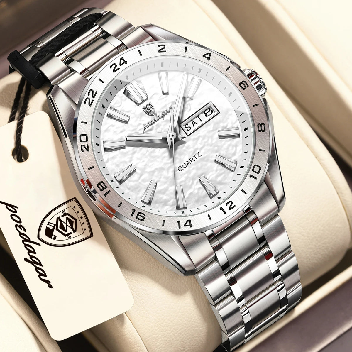 Reloj de hombre POEDAGAR de moda, de negocios, luminoso, resistente al agua, de acero inoxidable, con fecha y día, de cuarzo, deportivo para hombre