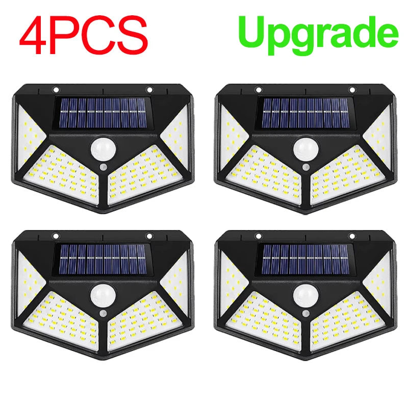 1/2/4 unidades Lámparas solares de pared de 100 LED, luz solar exterior con sensor de movimiento, lámpara de calle alimentada por energía solar para jardín y luz nocturna