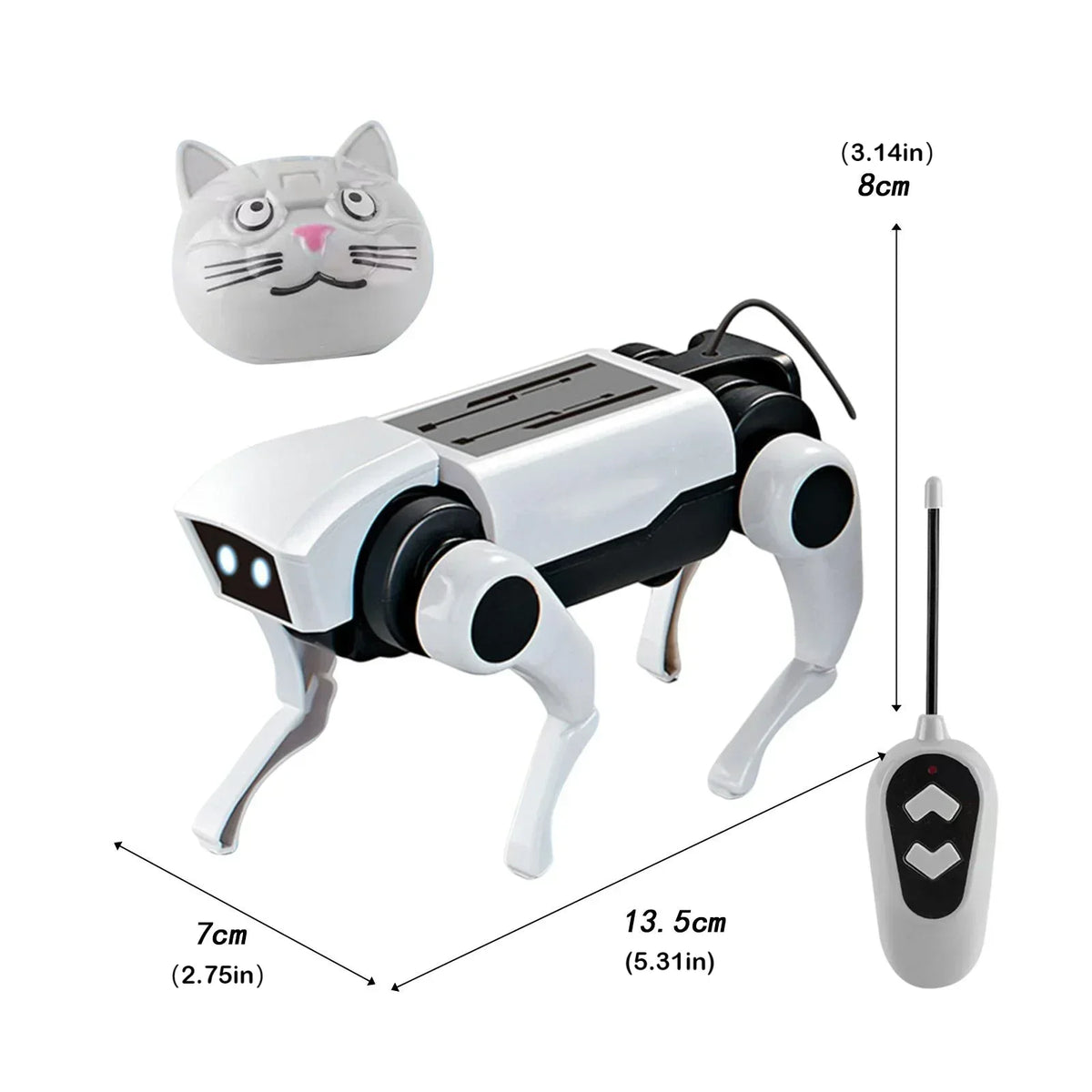 Perro robot mecánico blanco y negro con control remoto, vista con medidas