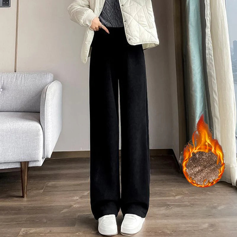 Pantalones de felpa de cintura alta de color liso para mujer, pantalones de lana cálidos para la nieve, pantalones rectos holgados para mujer, invierno 2026