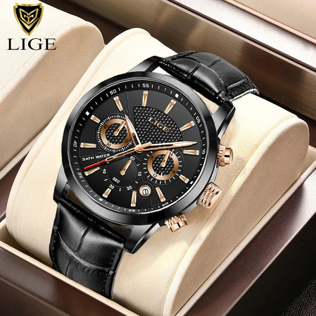 Nuevo reloj para hombre LIGE, diseño de negocios a la moda con correa de cuero genuino marrón, reloj de cuarzo deportivo impermeable con calendario para hombre