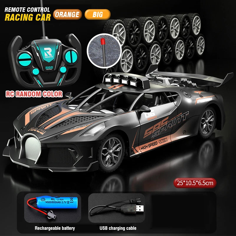 Carro RC teledirigido gris con detalles naranjas; mando negro y ruedas visibles.
