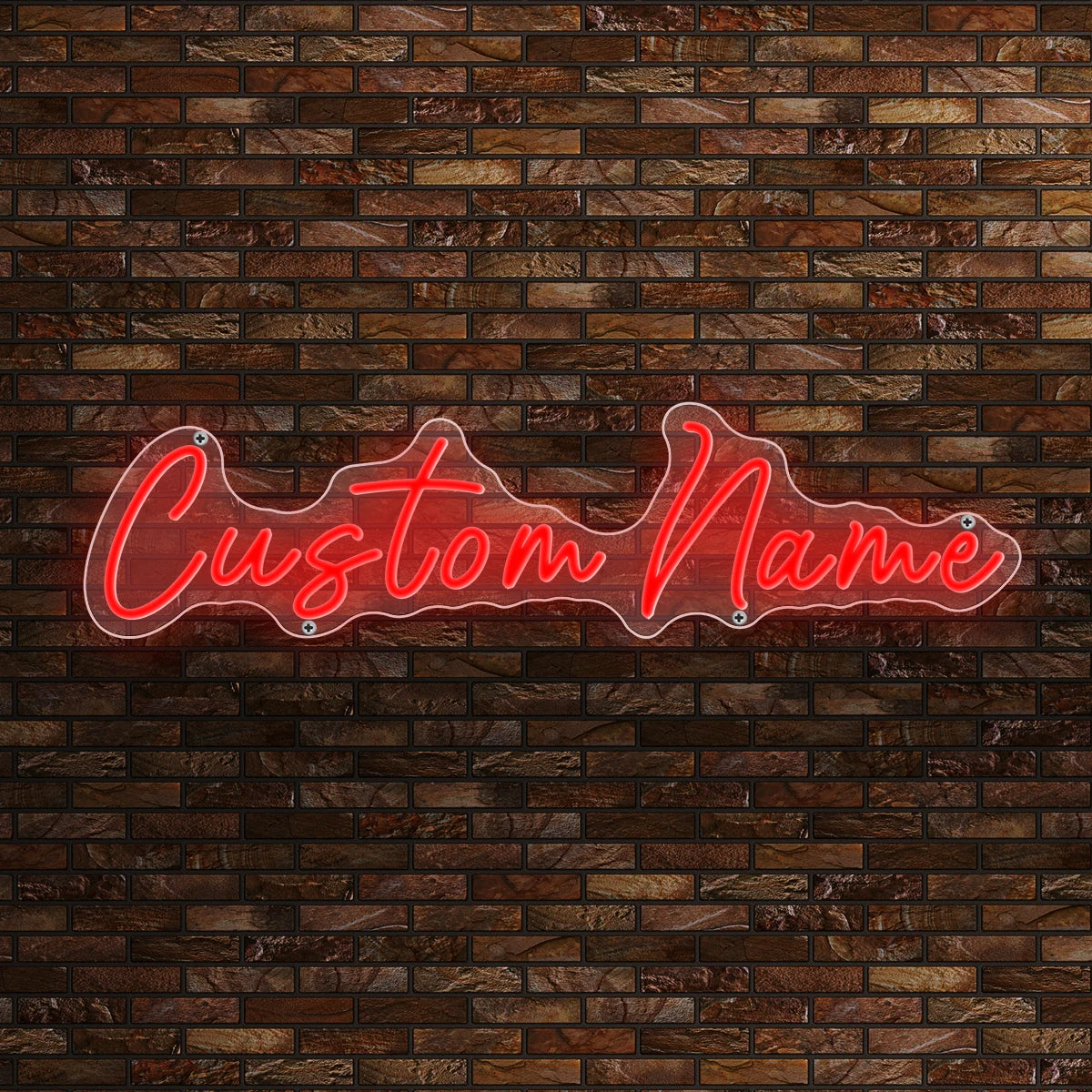 Letrero de neón “Custom Name” en rojo sobre pared de ladrillo oscuro