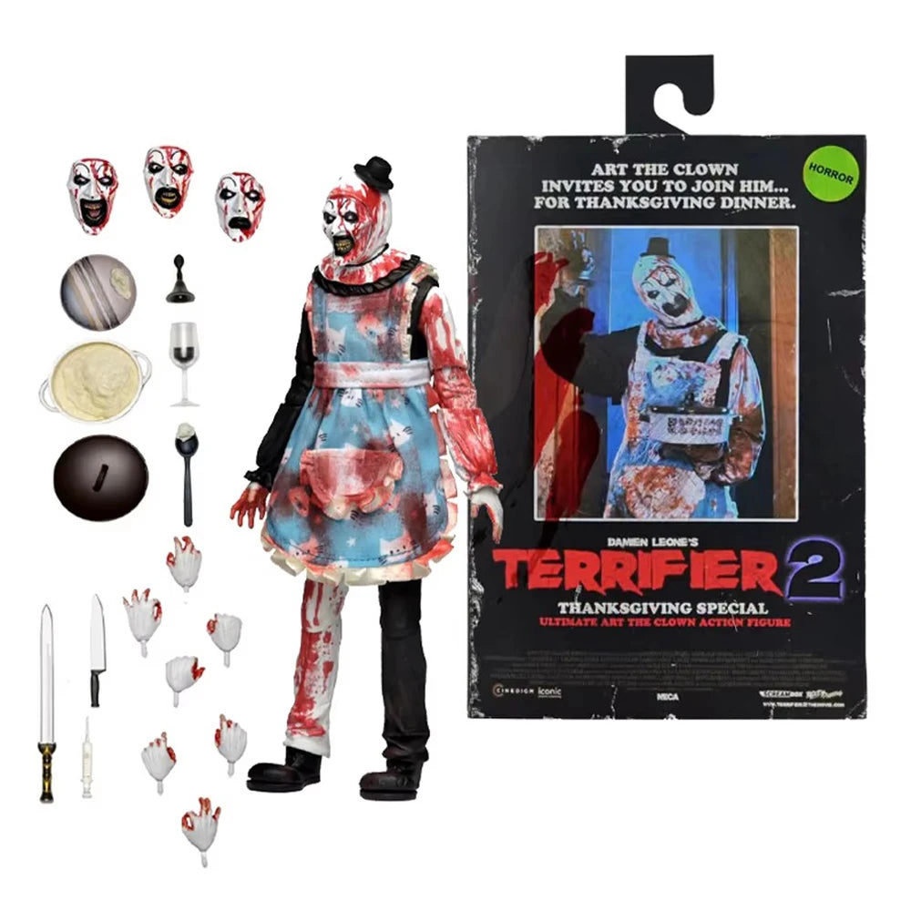 NECA Toys Terrifier 2 - Ultimate Thanksgiving Art the Clown, Figura de Acción a Escala de 7 Pulgadas, Modelo de Muñeco, Kit de Garaje