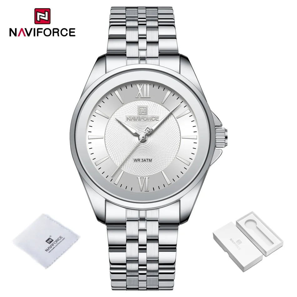 Reloj NAVIFORCE para mujer, creativo, con correa de acero inoxidable, a la moda, elegante, de cuarzo, resistente al agua 30m, reloj de pulsera femenino