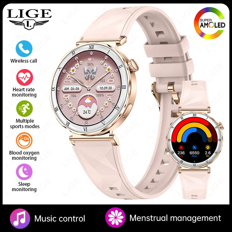 Reloj inteligente LIGE con pantalla AMOLED HD ultra delgada de 1.19", rastreador de ejercicios, llamadas Bluetooth, monitor de frecuencia cardíaca y resistente al agua para mujeres
