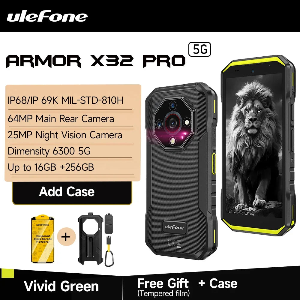 Ulefone Armor X32 Pro 5G Teléfono Robusto Android 14 16GB+256GB Dimensity 6300 Octa Core Cámara 64MP NFC IP68/IP69K Resistente al agua