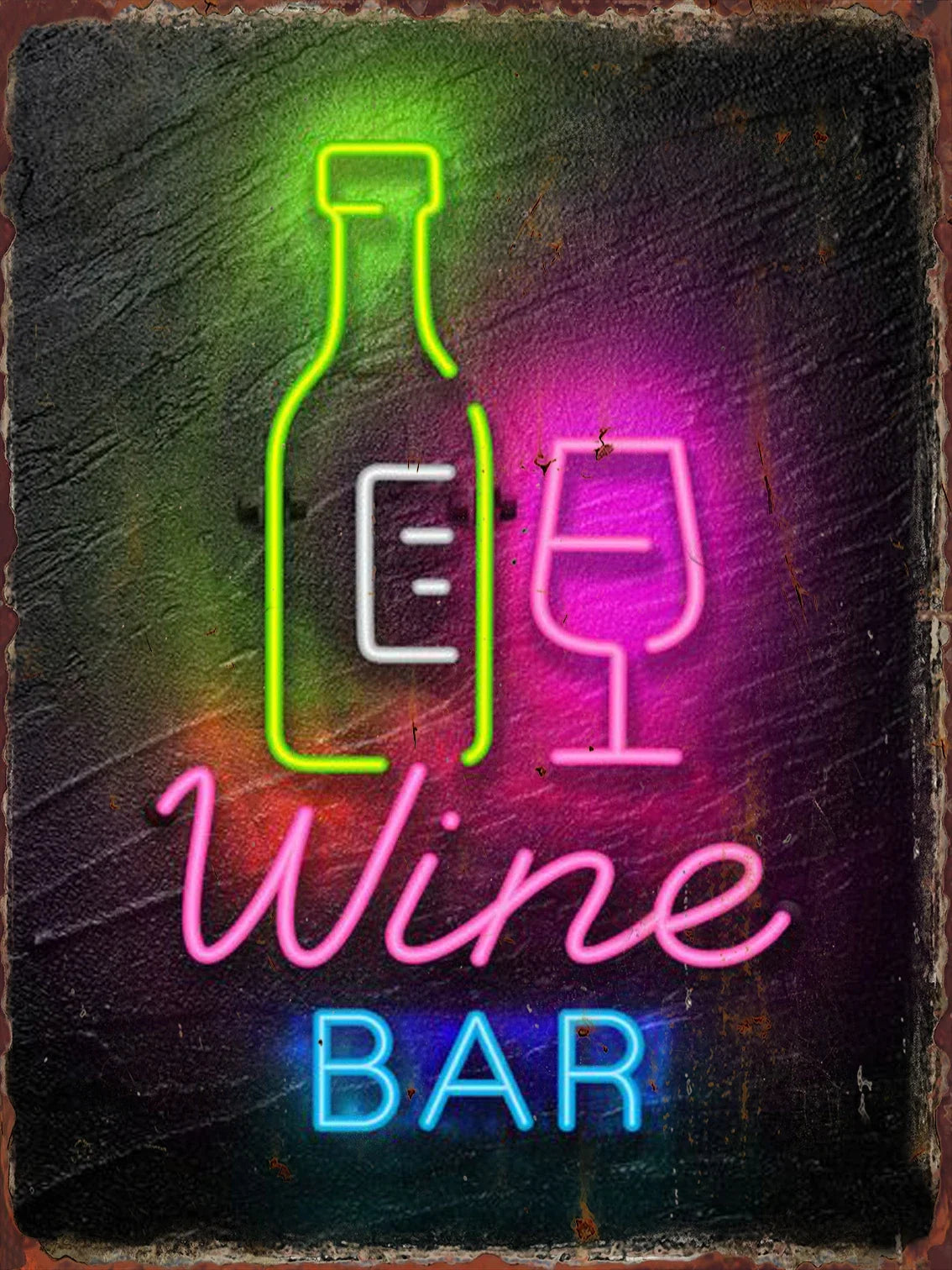 Cartel de hojalata con letrero neón de vino y texto “Wine BAR”