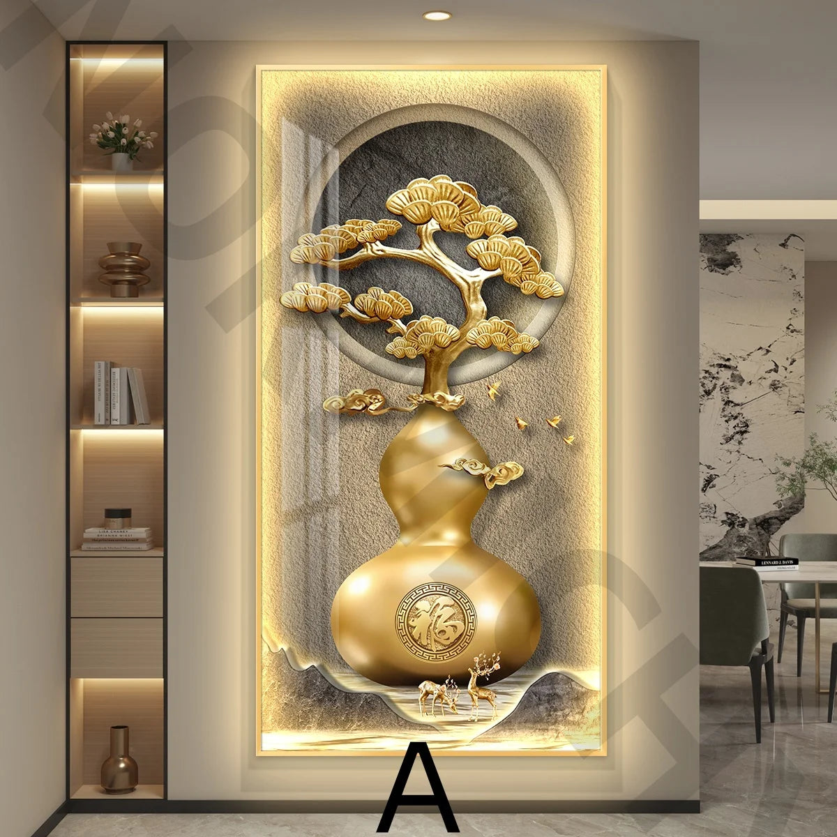 Cuadro mural iluminado con marco dorado: árbol en relieve dorado y calabaza dorada brillante
