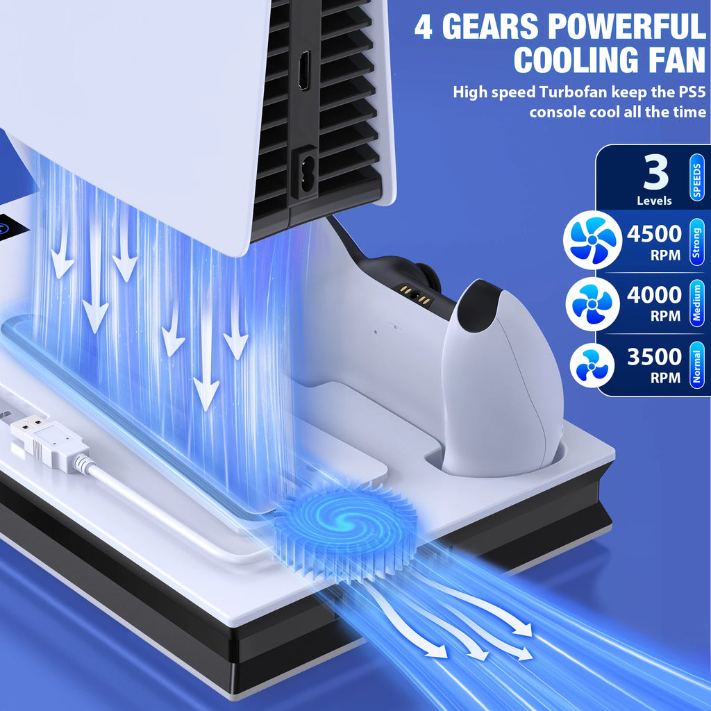DinoFire S5000 3 Speed Cooling Fan3 Port USB Hub, Headset Holder, and Game Storage, Compatible with PS5 Disc & Digital Consoles