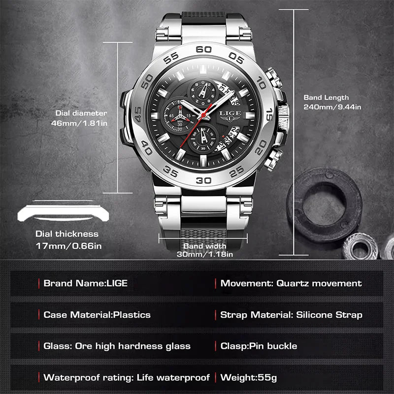 Reloj de lujo LIGE 2026 para hombre, reloj militar de cuarzo con correa de silicona, cronógrafo impermeable con calendario de marca superior