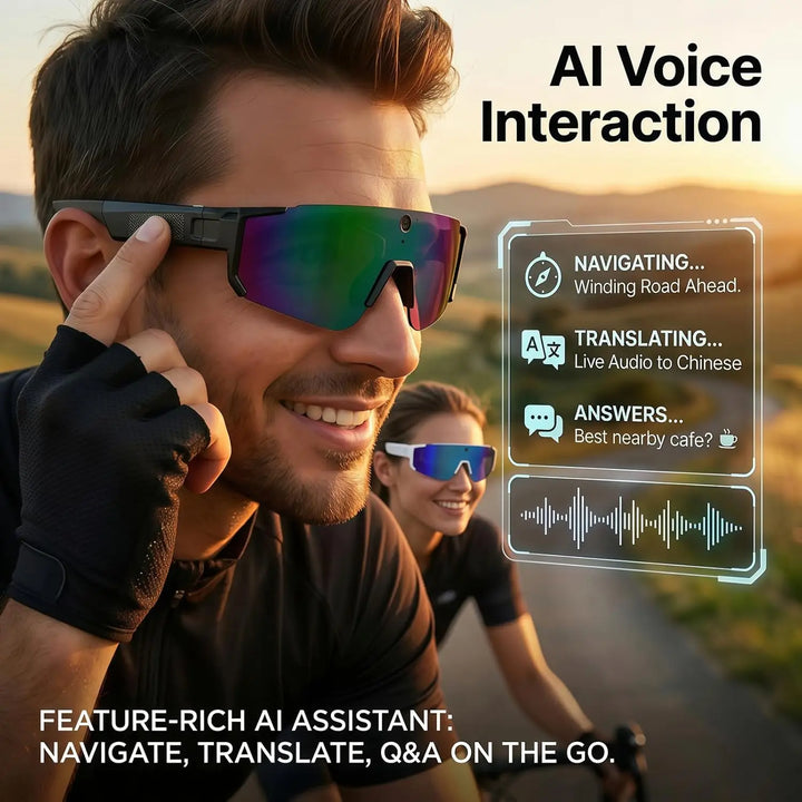 Gafas Inteligentes con Traducción por Voz IA, Cámara de Grabación de Video 1200P, Bluetooth, WiFi, Lentes Polarizadas Antivibración, Gafas de Sol Deportivas para Conducir