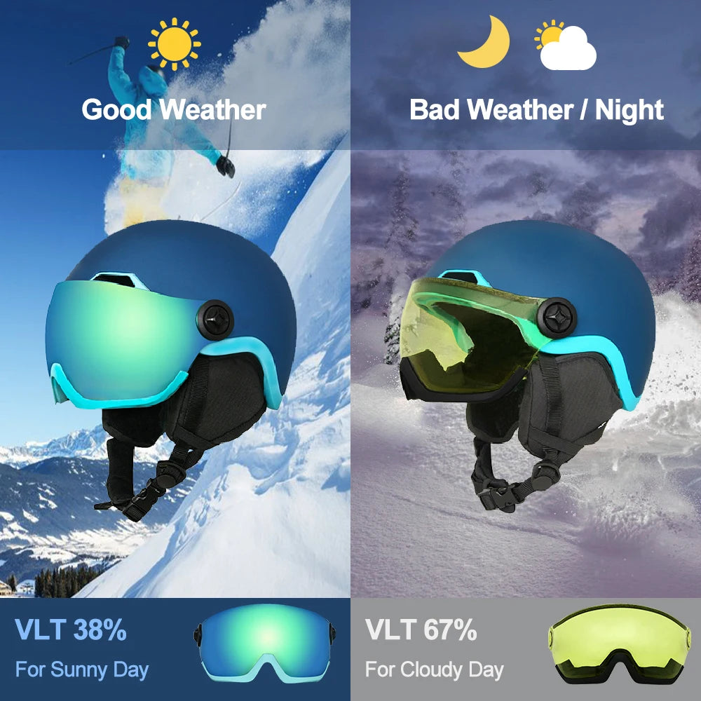 EnzoDate casco de nieve para esquí con gafas integradas, protector 2 en 1, casco de Snowboard y máscara desmontable, lente de visión nocturna Extra-costo