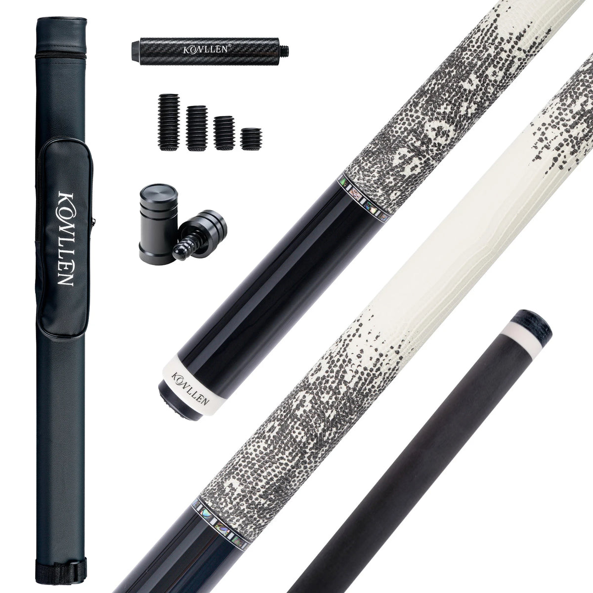 Taco de billar KONLLEN 2.0 de fibra de carbono con flecha Pro Taper de baja deflexión, 58 pulgadas, punta de 12.5 mm / 11.8 mm, pin radial e incrustaciones de ébano real.
