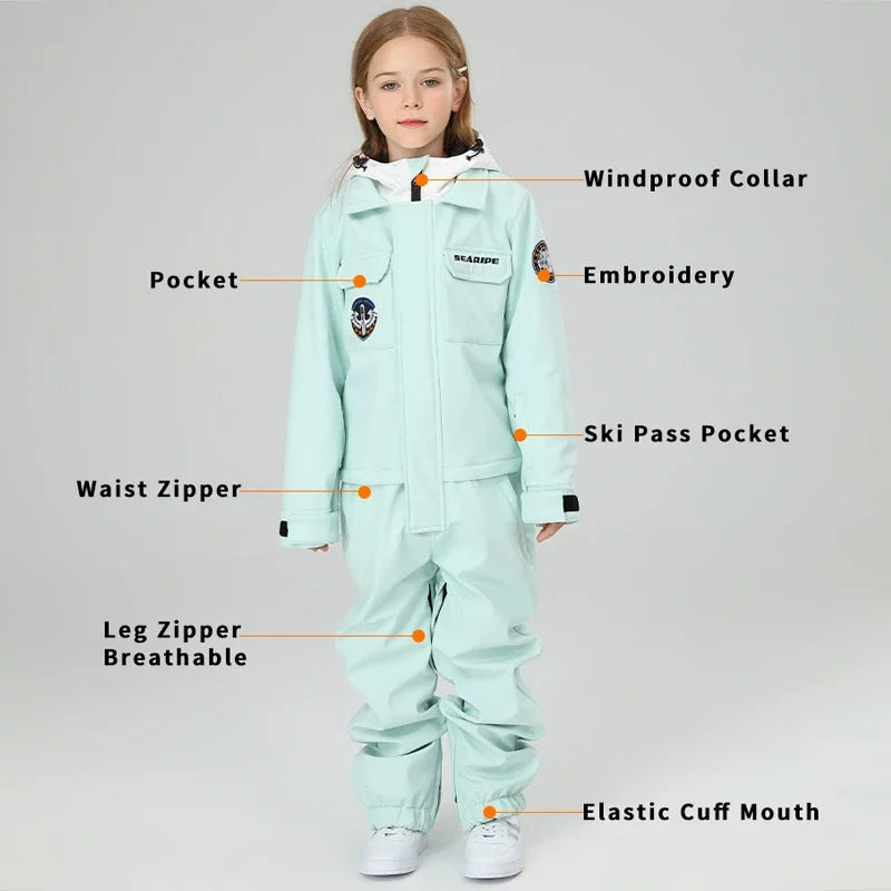 Traje de nieve de una pieza para niño, Mono de esquí con capucha, a prueba de viento, pantalones de Snowboard al aire libre, ropa de disfraz, Invierno