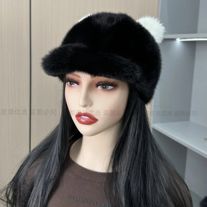 Gorro de piel de visón auténtica para invierno, gorro grueso y cálido con orejas de Panda, sombreros de caballero a la moda para mujer, sombrero de pico de pato de lujo, sombreros de piel de visón Natural