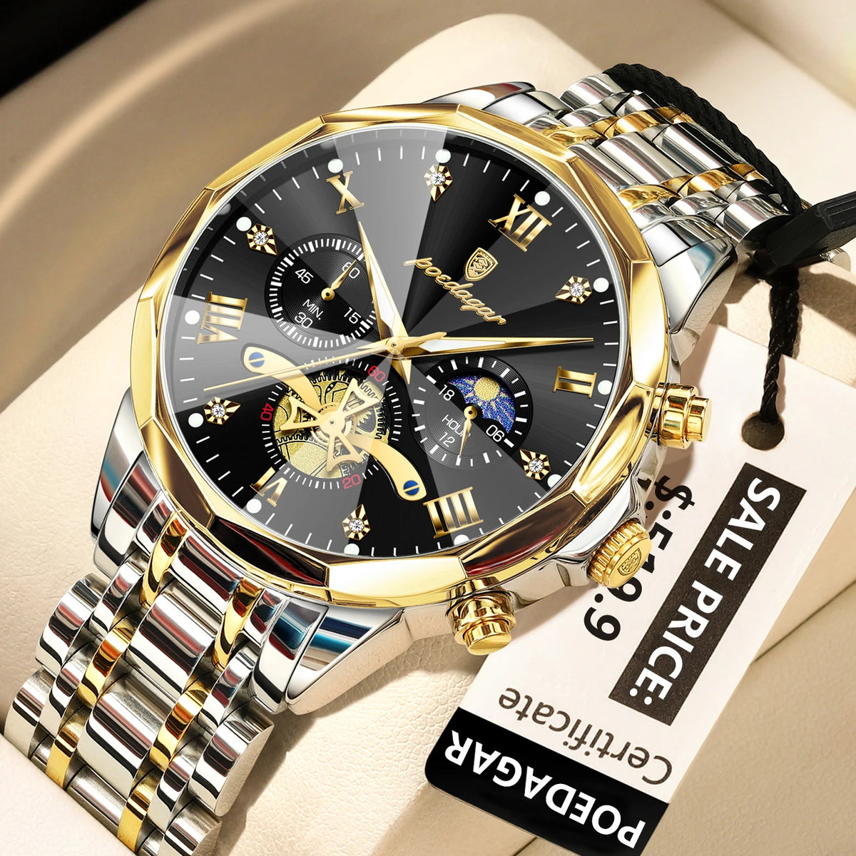 POEDAGAR Reloj de Lujo para Hombre, Reloj de Pulsera Cronógrafo Luminoso Impermeable Original Superior, de Acero Inoxidable, Relojes de Cuarzo para Hombre, Reloj