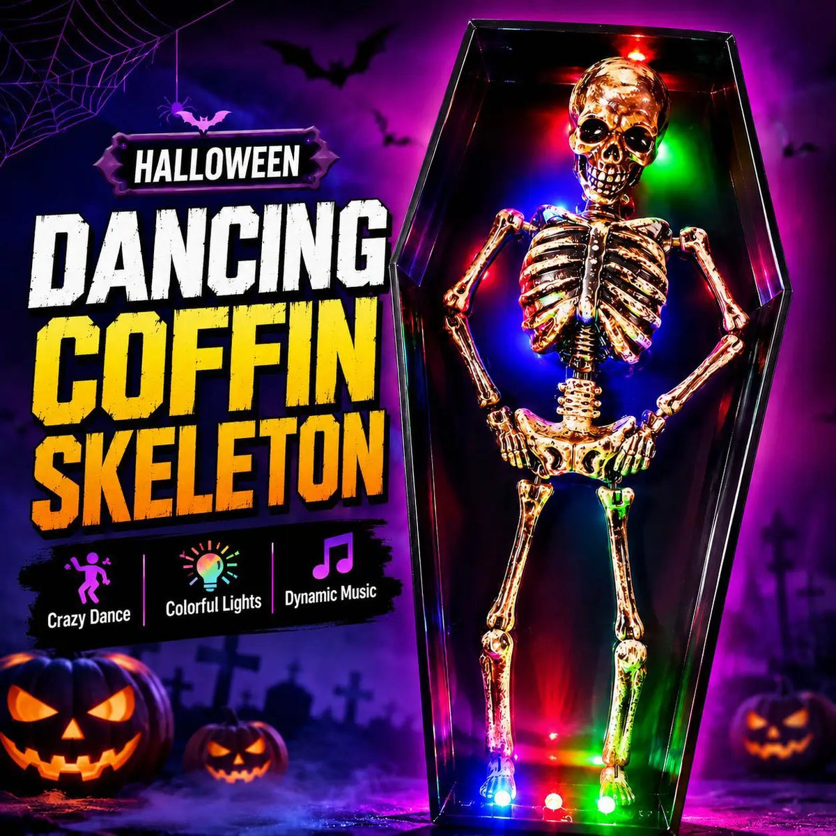Halloween Dancing Skeleton in Coffin Decoration Sound Activated LED Light Animated Skeleton Toy Haunted House Bar Party Horror Decor Ornament