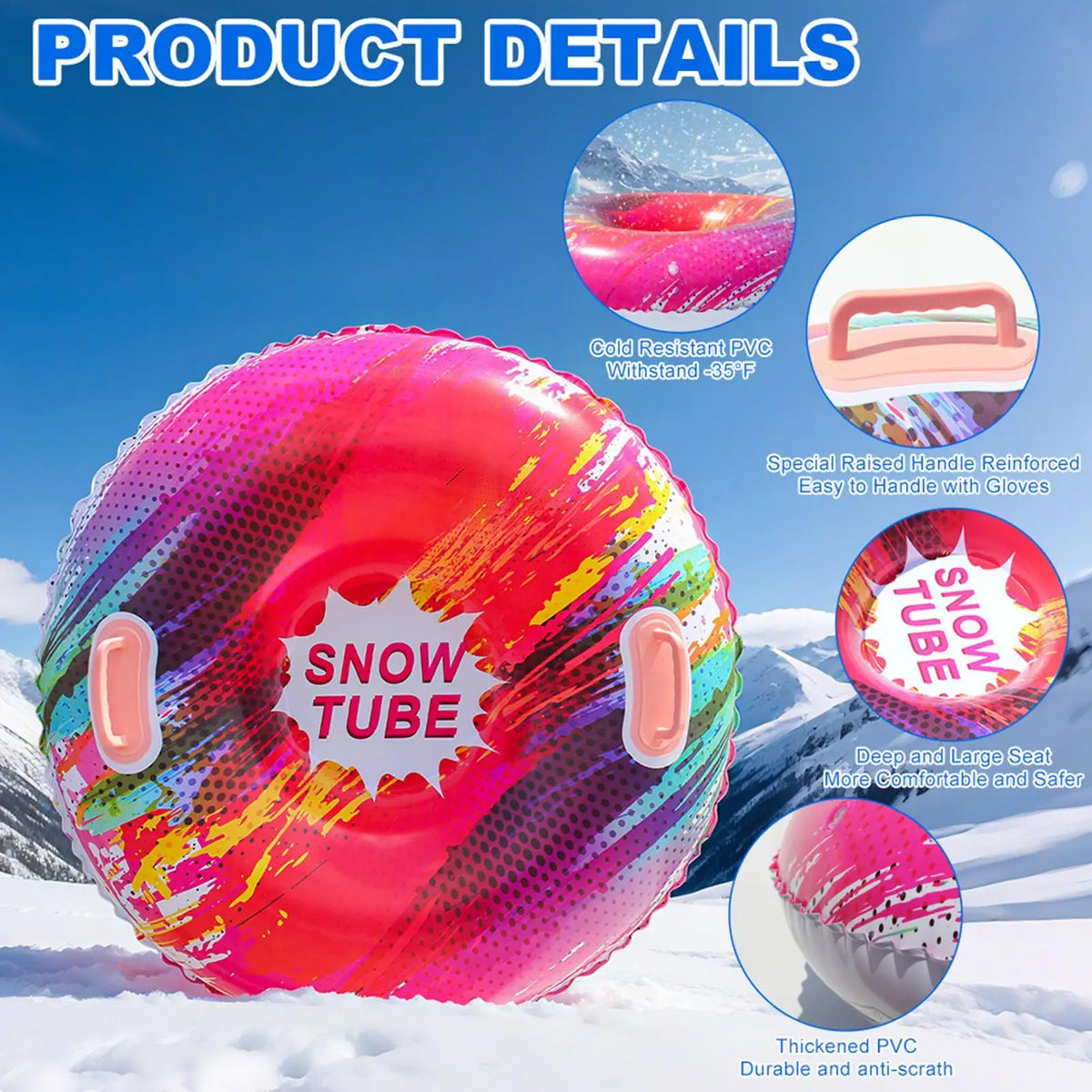 Tubo de Nieve Inflable para Adultos y Niños, Trineo de Nieve Resistente con Base Rígida y Asas, Anillo de Esquí de PVC Engrosado, Accesorios para Juegos de Invierno