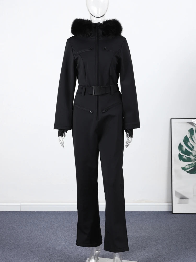 Traje de esquí casual con capucha y cuello de piel para mujer, abrigo con cinturón y cremallera, pantalón recto, monos, ropa de invierno 2025, ropa exterior sólida para damas.