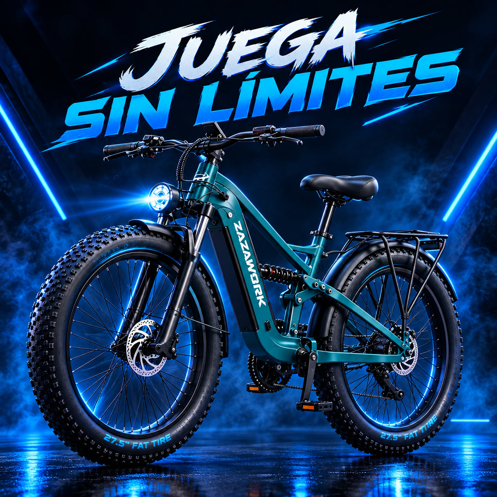 Bicicleta eléctrica de montaña con neumáticos gruesos ZAZAWORK CF500 de 27.5", motor de 250W, batería de 48V 20Ah, suspensión completa, 7 velocidades, frenos de disco hidráulicos, autonomía de hasta 120 km, bicicleta eléctrica todoterreno