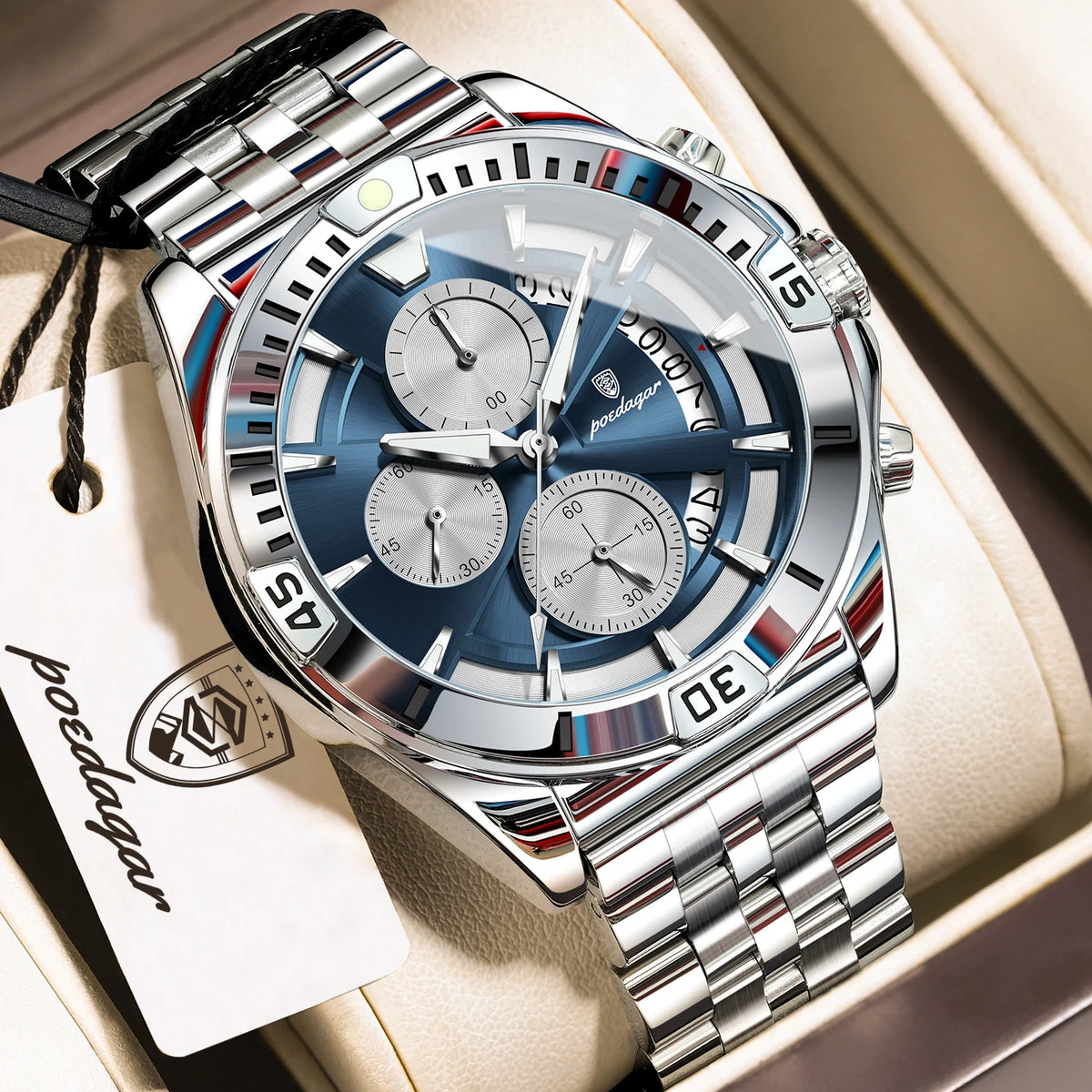 Reloj de pulsera para hombre POEDAGAR, luminoso, resistente al agua, de acero inoxidable, con cronógrafo, fecha y cuarzo, estilo deportivo