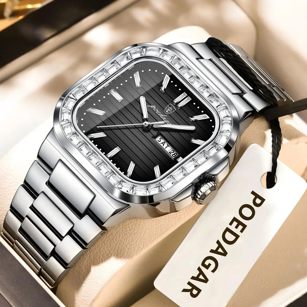 Reloj de cuarzo cuadrado para hombre POEDAGAR, a la moda, con fecha, semana, resistente al agua y luminoso, reloj de pulsera deportivo de lujo en acero inoxidable para hombre