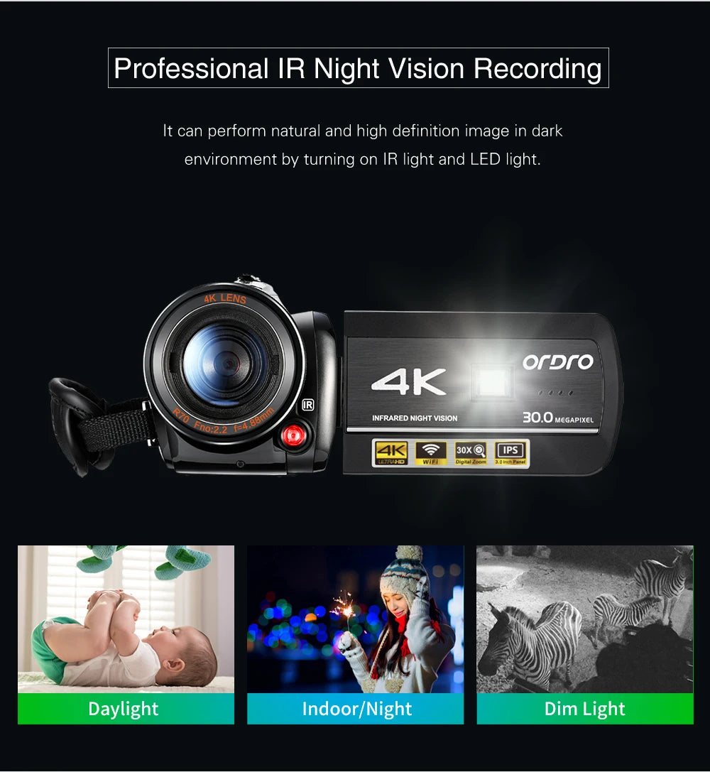 Cámara de vídeo profesional Ordro AC3 4k, videocámara con Zoom Digital de 30X, visión nocturna infrarroja, grabadora Vlogging de Youtube para Blogger