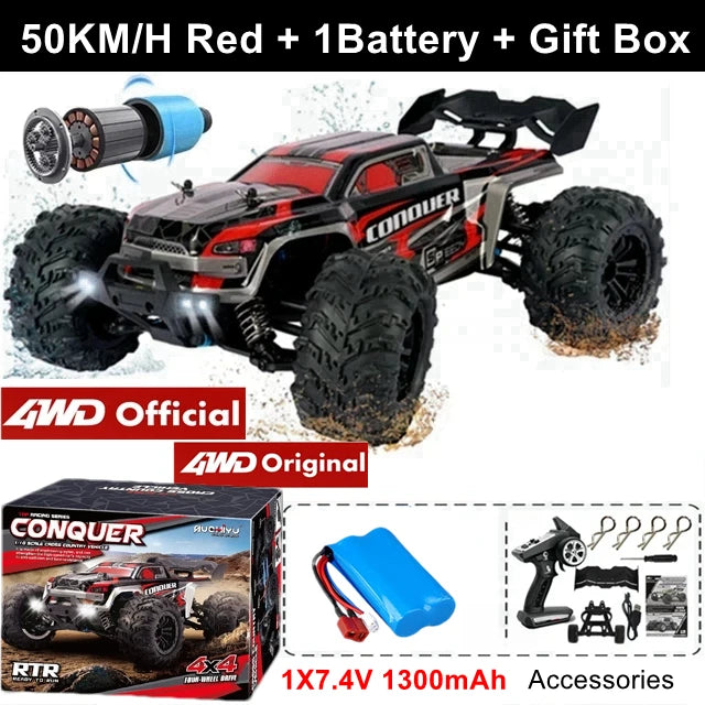 Camión RC 4x4 todoterreno rojo con llantas negras y parachoques, 1 batería.