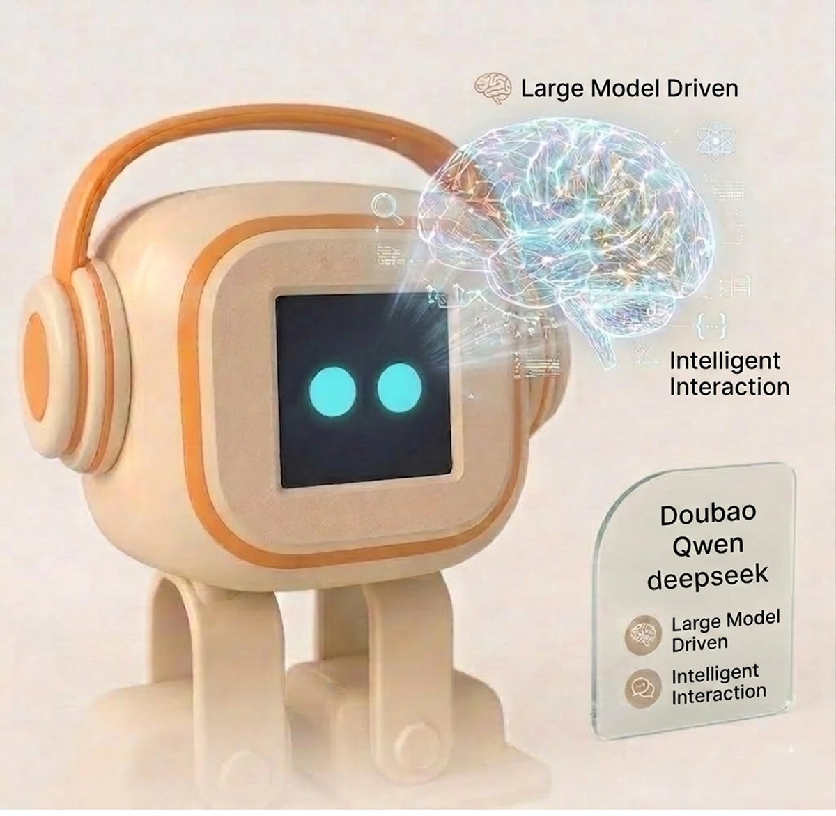 Robot de escritorio crema con auriculares y pantalla oscura, luz azul en dos ojos, en perfil.