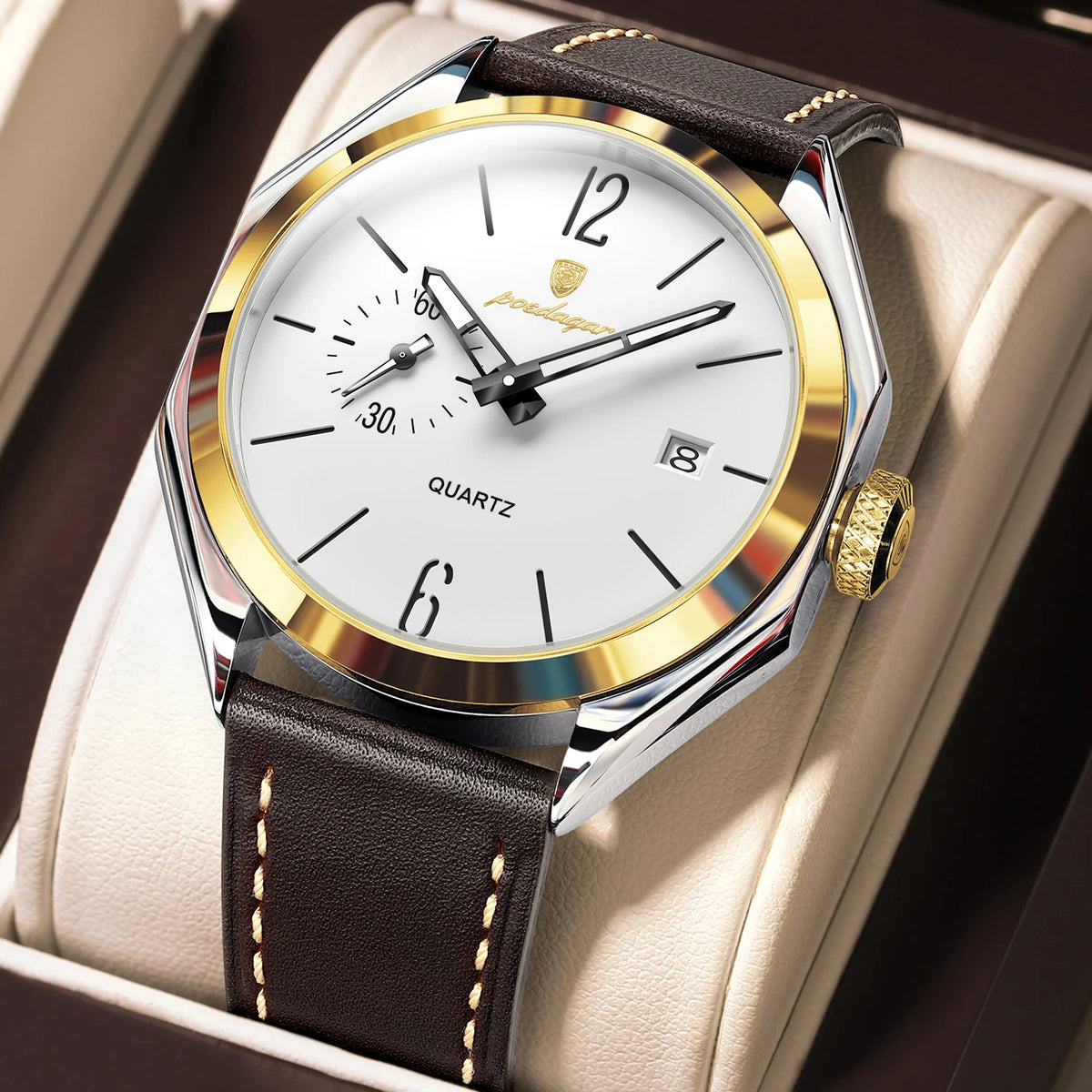 Reloj de pulsera original de cuarzo para hombre POEDAGAR, de piel, para negocios, resistente al agua, con fecha luminosa, reloj elegante para hombre.