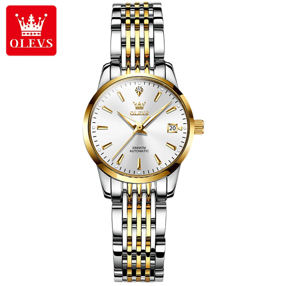 Reloj mecánico para mujer OLEVS 6635, reloj de pulsera elegante de lujo sencillo, reloj automático con calendario y resistente al agua de acero inoxidable