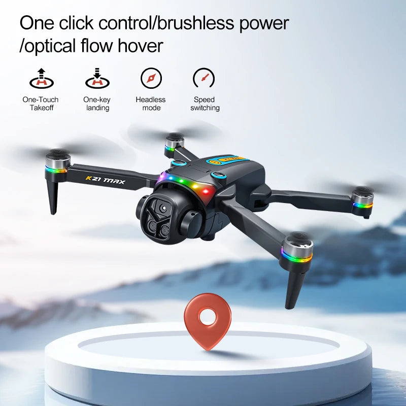 Dron plegable ZNLYRION K21MAX sin escobillas con mando a distancia con pantalla, EIS, doble cámara eléctrica, flujo óptico, luces LED de colores y RC Quadcopter