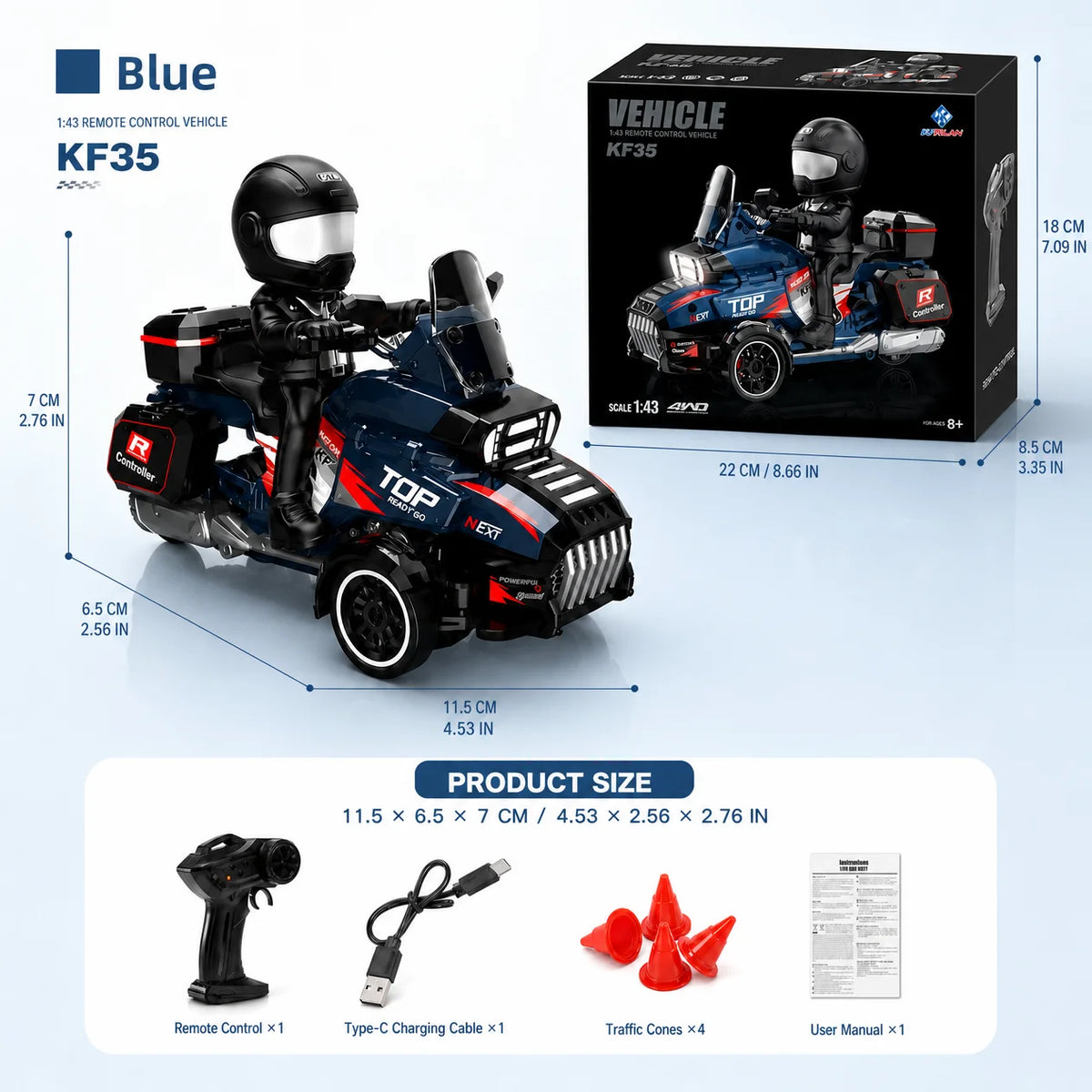 Motocicleta de drift de 3 ruedas a escala 1:43, coche de carreras a control remoto de 2.4 GHz, modelo de carreras de escritorio y coleccionable decorativo, USB-C