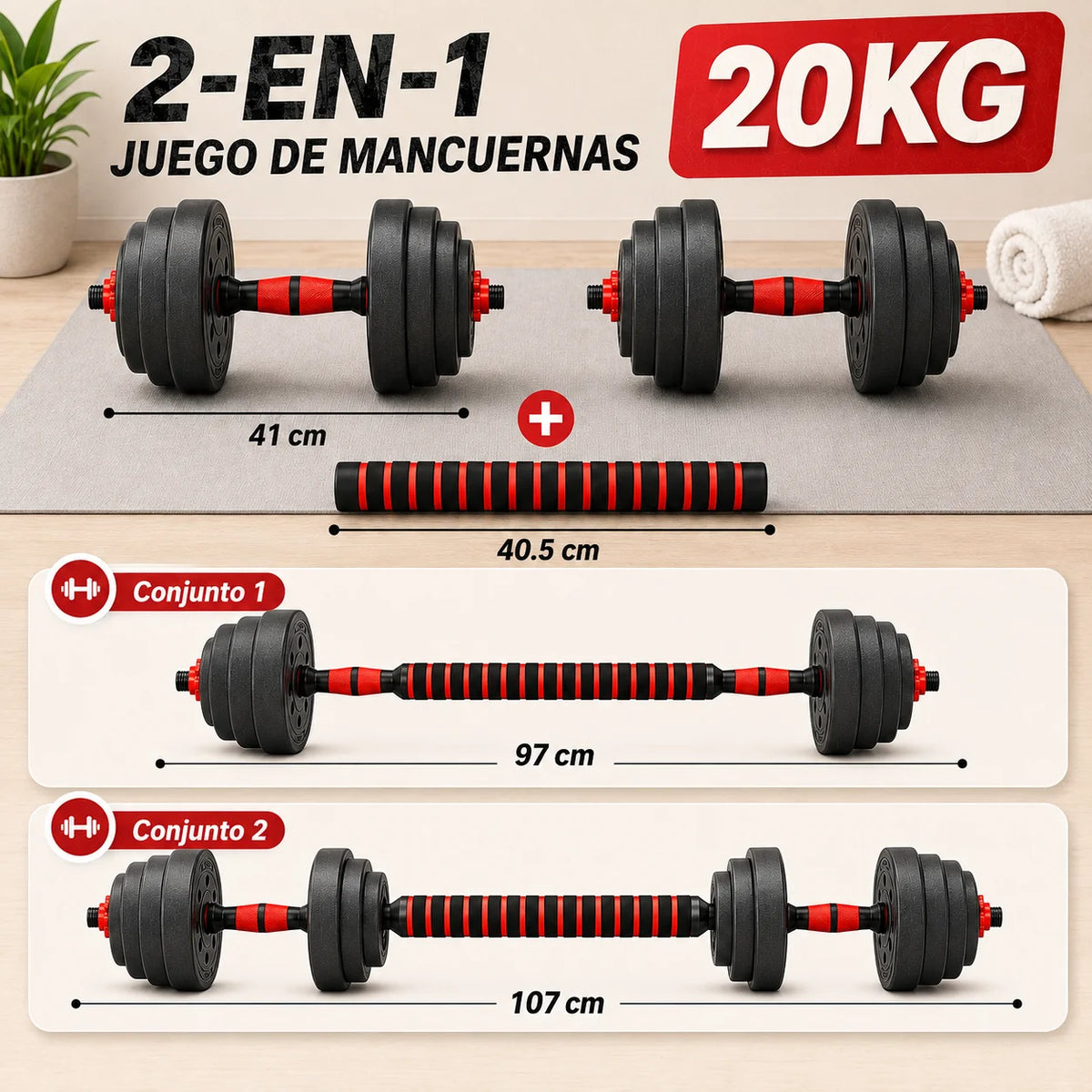 Mancuernas y Kit de Pesas 10kg 15kg 20kg 30kg 40kg, Juego de Pesas 2 en 1 con Barra Recta y Discos Recubiertos, Mancuernas para Fitness en Casa, Musculación, Entrenamiento de Fuerza, Ejercicios de Gimnasio y Deportivo