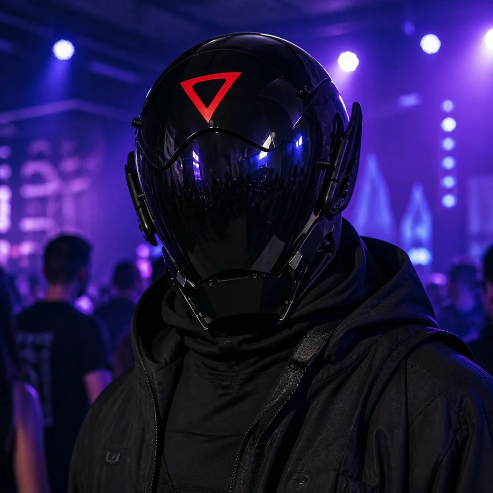 Máscara facial completa con luces LED de estilo cyberpunk, ideal para disfraces futuristas de Halloween, eventos de cosplay, festivales, actuaciones en escenarios y fiestas; accesorio para casco.