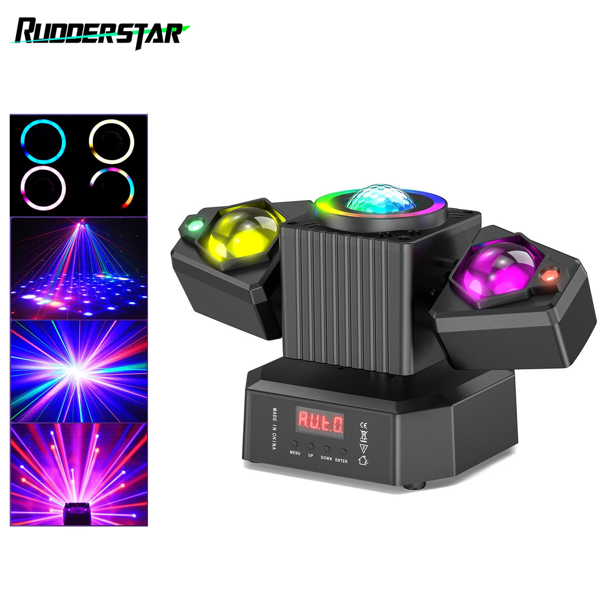 Proyector de efectos de iluminación LED RGBW 4 en 1 de 65 W con dos brazos y control remoto para DJ, fiestas, conciertos, bodas y teatro