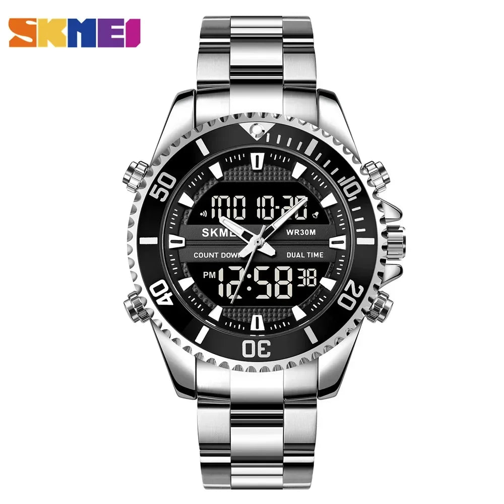 Reloj SKMEI con alarma para hombre, resistente al agua, de acero inoxidable, con doble pantalla, reloj digital de moda para caballero, modelo 1850