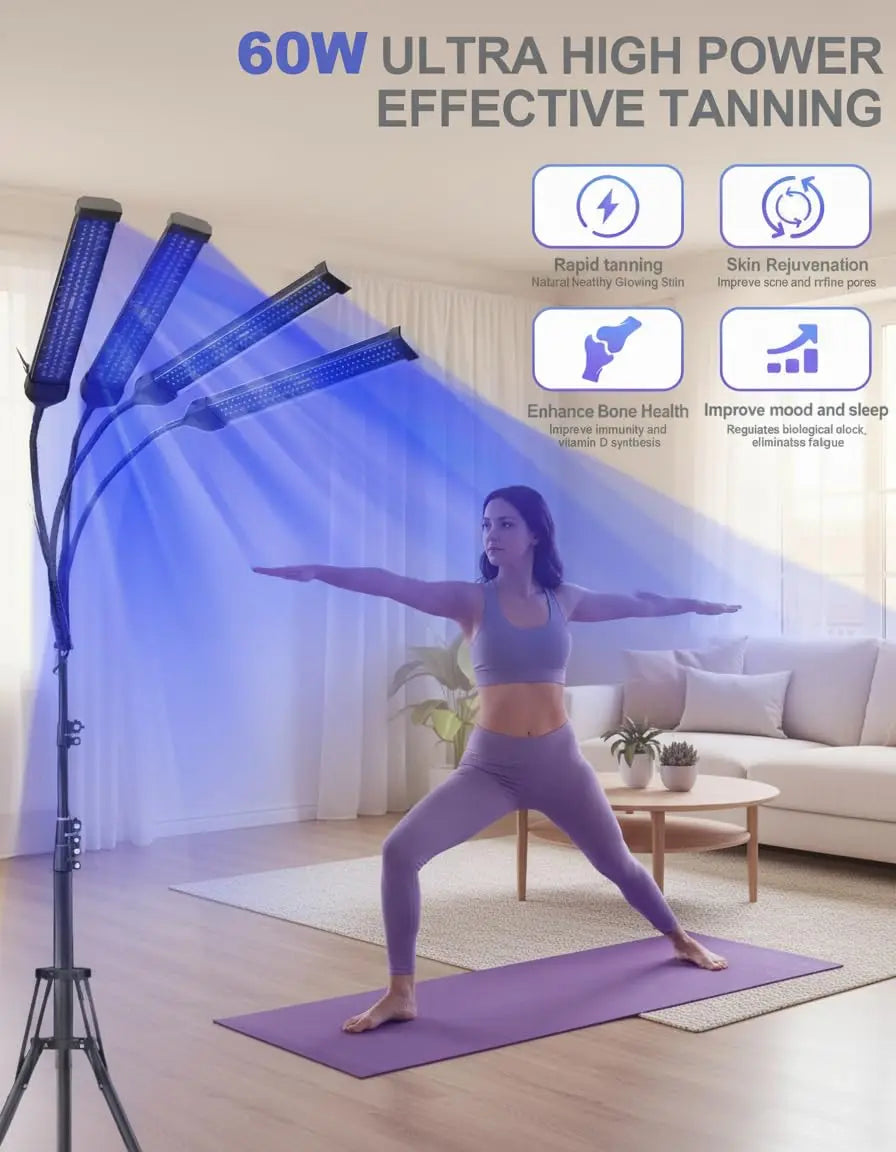 Solárium Facial de 60W para el Hogar 360 °   Lámpara de Bronceado con Luz Azul de 432 LED de 460nm y 490nm, Rotación, para Rostro y Cuerpo, Soporte Ajustable de 38-160cm