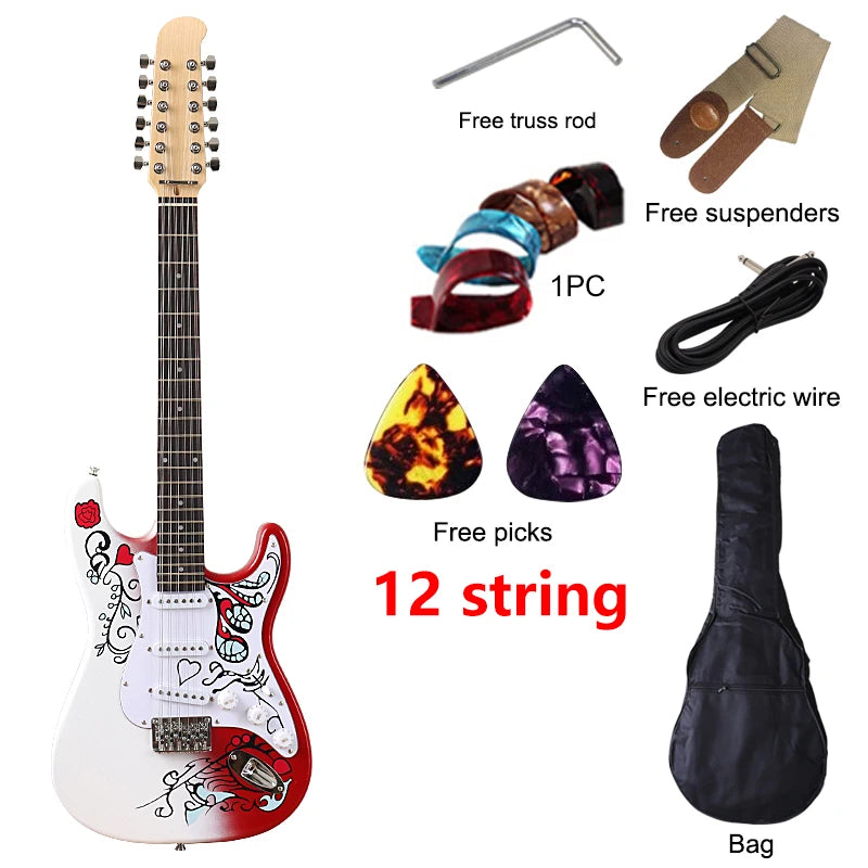 Guitarra eléctrica de 12 cuerdas de alto brillo con patrón, cuerpo Okoume de 39 pulgadas con mástil de arce asado, Color rojo, buena artesanía