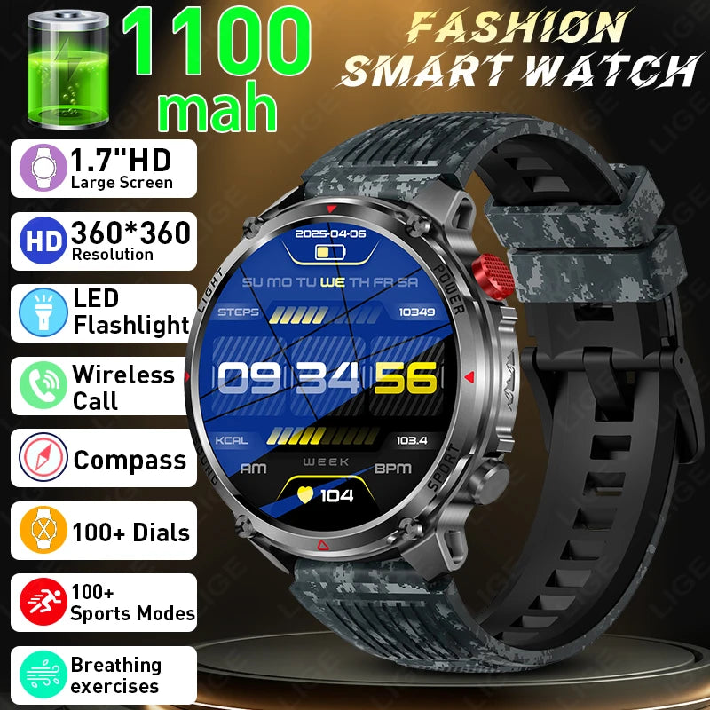 LIGE New Men Military Smart Watch Outdoor Compass 1100mAh Battery Flashlight 1.7"Display BT Call Waterproof Sports Smartwatches