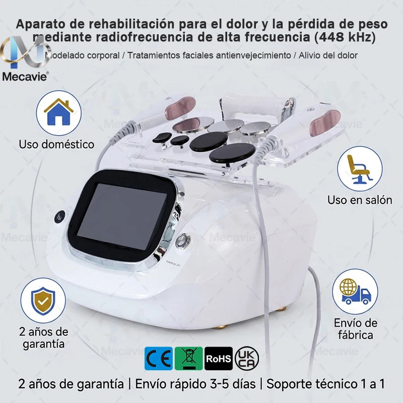 Máquina de Terapia Tecar Mecavie 448KHz Indiba Mejorada |   Sondas CAP/RES + Cuchilla Fascial, Adelgazamiento, Alivio del Dolor y Rejuvenecimiento de la Piel