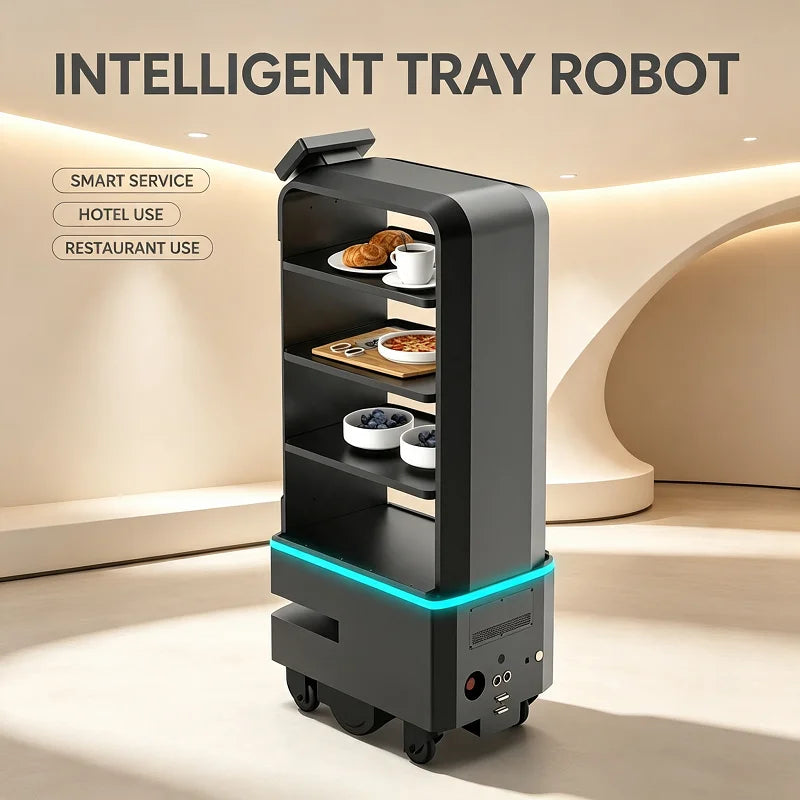 Robot móvil de bandejas inteligente con estantes y luz LED azul, color oscuro.