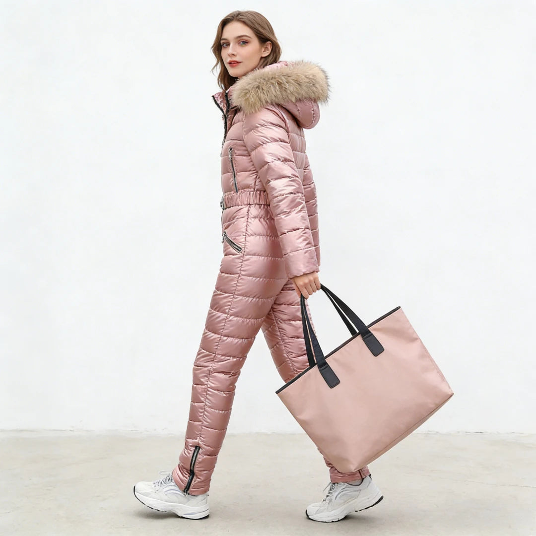 Traje de esquí de una pieza para mujer, grueso, de invierno, para nieve, con capucha, cálido, de algodón, ajustado, brillante, para deportes al aire libre