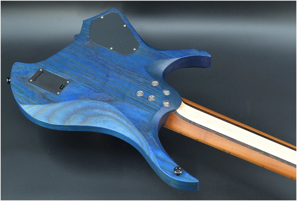 Guitarra NK 2026 con trastes en forma de abanico, 8 cuerdas, cuello con unión en forma de cuña, guitarra eléctrica sin cabeza, color morado y azul, cuello de arce.