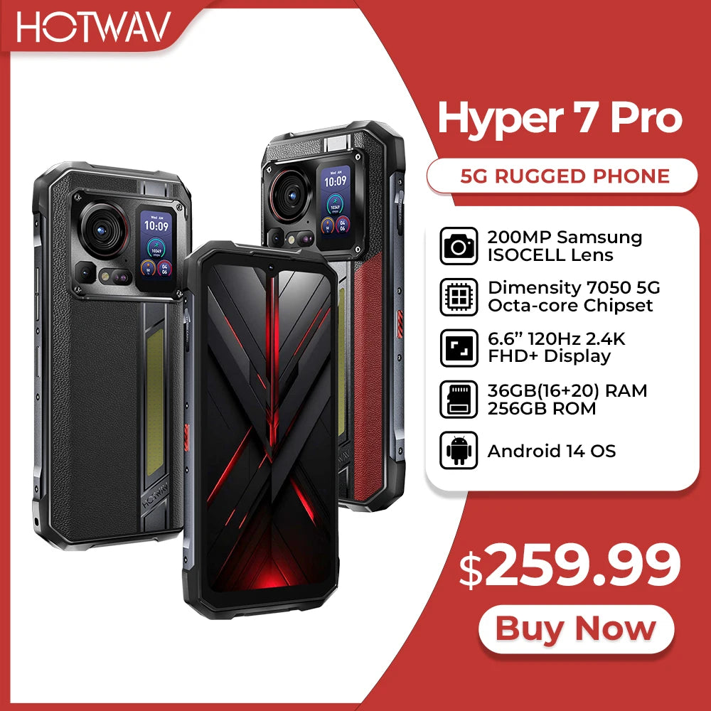 Teléfono resistente HOTWAV Hyper 7 Pro Dimensity 7050 5G 200MP Android 14 6.6'' FHD+ 120Hz Smartphone 36GB 256GB 10800mAh 33W Celular