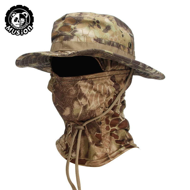 Conjunto de gorro de pescador con ala ancha y pasamontañas de camuflaje Musion para hombre, gorra tipo boonie para exteriores, sombrero de protección solar para pesca