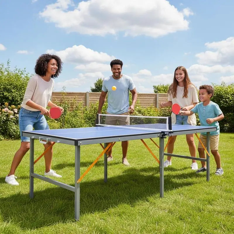 Mesa de ping-pong plegable azul de 152,4×66,04×66,04 cm con 6 patas metálicas estables, plegable para ahorrar espacio, con 10,16 cm de grosor, incluye Set de Pádel, 2 Palas y 3 Pelotas, Patas Antideslizantes, para Interio