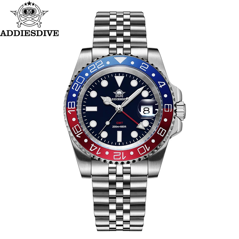 ADDIESDIVE AD2050 Reloj GMT para hombre, cuarzo suizo Ronda 515-24, luminiscencia BGW9, resistente al agua 200m, acero inoxidable 316L