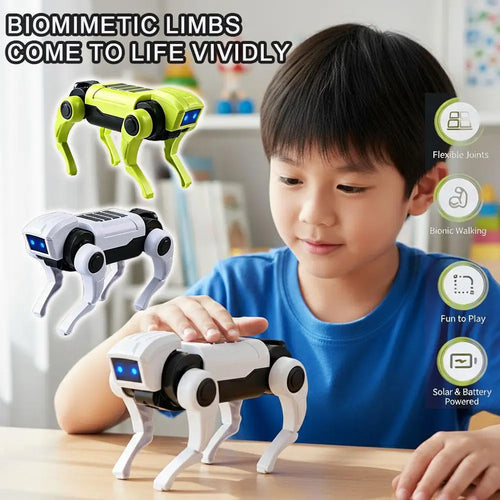 Robot perro mecánico verde con luces LED azules y patas articuladas, listo para juego